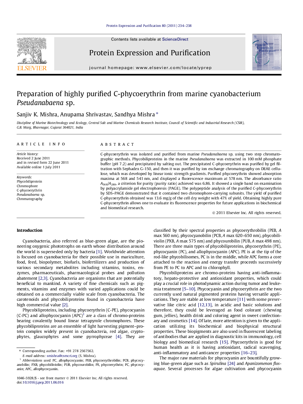 Preparation of highly purified C-phycoerythrin from marine cyanobacterium Pseudanabaena sp.