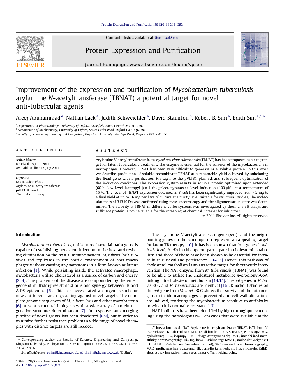 Improvement of the expression and purification of Mycobacterium tuberculosis arylamine N-acetyltransferase (TBNAT) a potential target for novel anti-tubercular agents