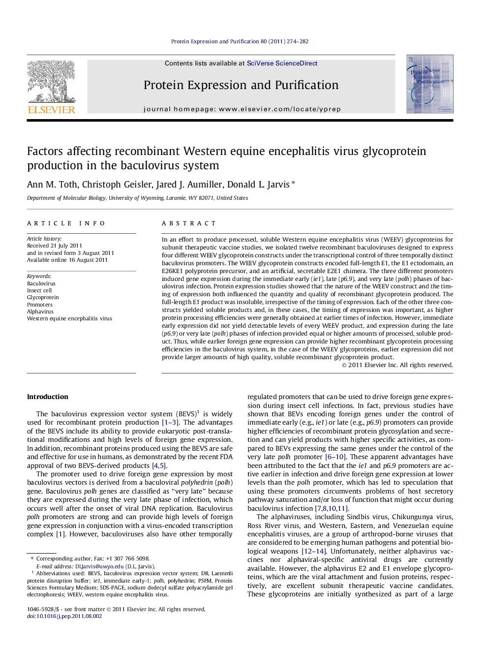 Factors affecting recombinant Western equine encephalitis virus glycoprotein production in the baculovirus system