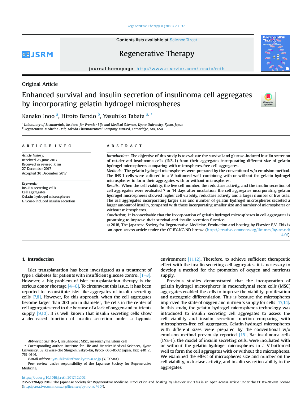 Enhanced survival and insulin secretion of insulinoma cell aggregates by incorporating gelatin hydrogel microspheres