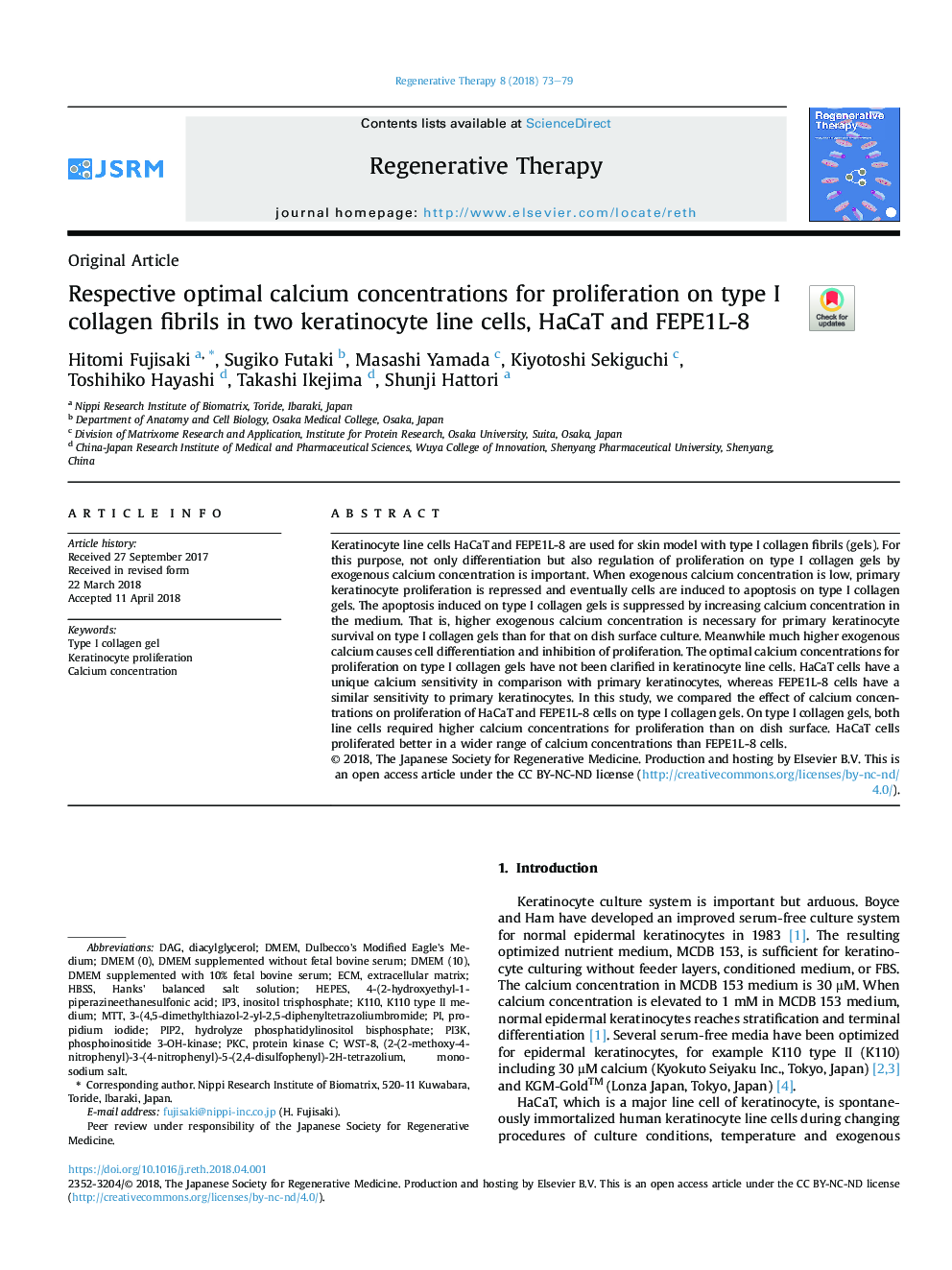 Respective optimal calcium concentrations for proliferation on type I collagen fibrils in two keratinocyte line cells, HaCaT and FEPE1L-8