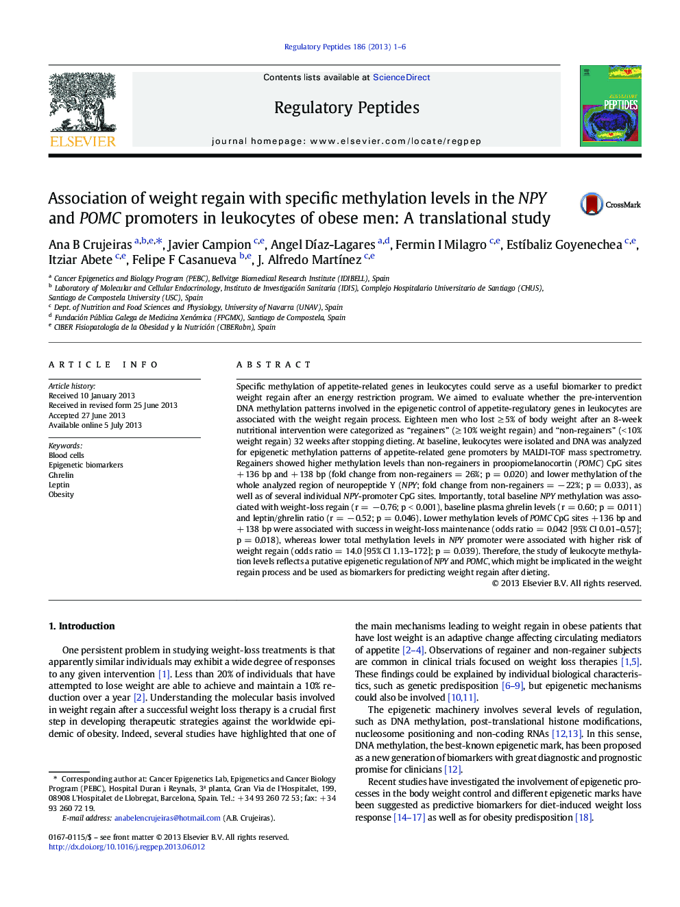 Association of weight regain with specific methylation levels in the NPY and POMC promoters in leukocytes of obese men: A translational study