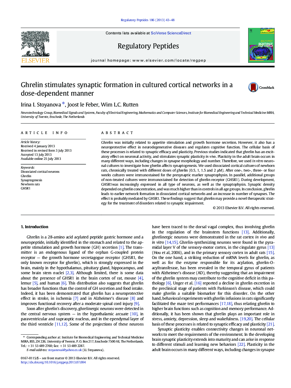 Ghrelin stimulates synaptic formation in cultured cortical networks in a dose-dependent manner