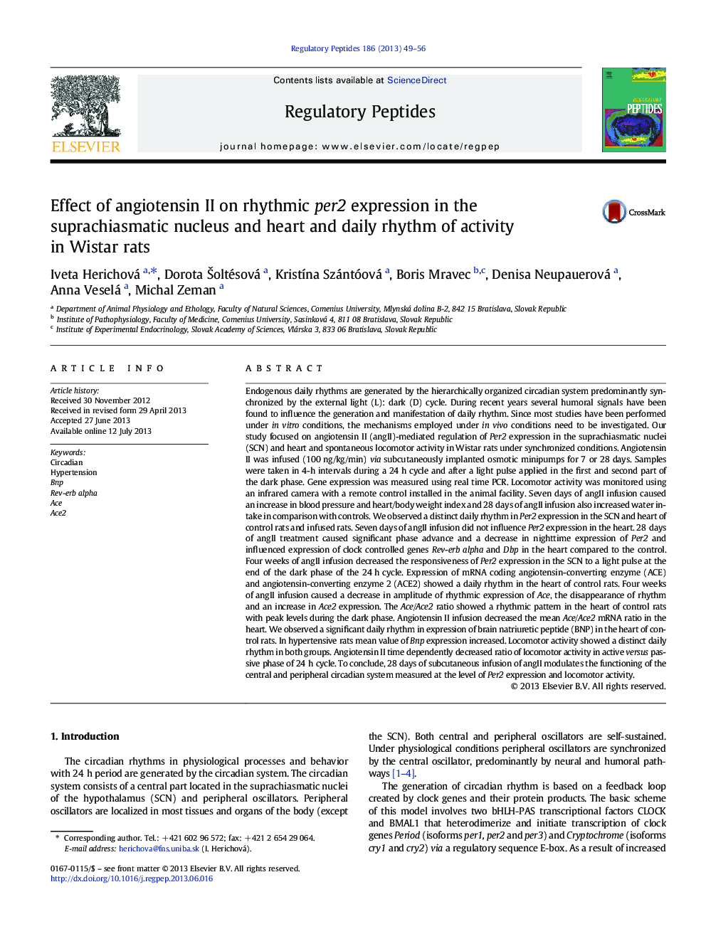 Effect of angiotensin II on rhythmic per2 expression in the suprachiasmatic nucleus and heart and daily rhythm of activity in Wistar rats