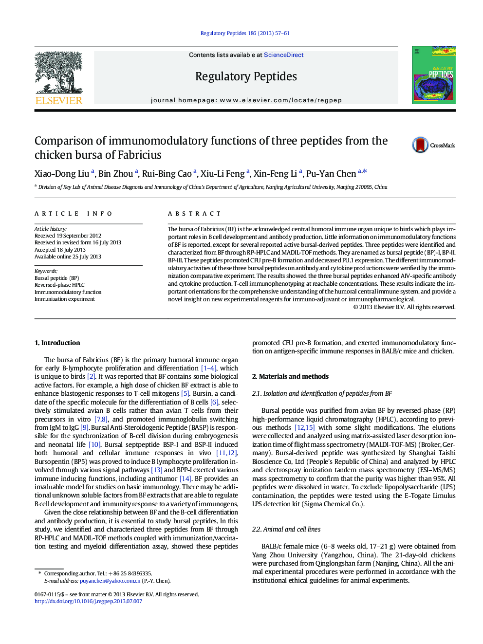 Comparison of immunomodulatory functions of three peptides from the chicken bursa of Fabricius