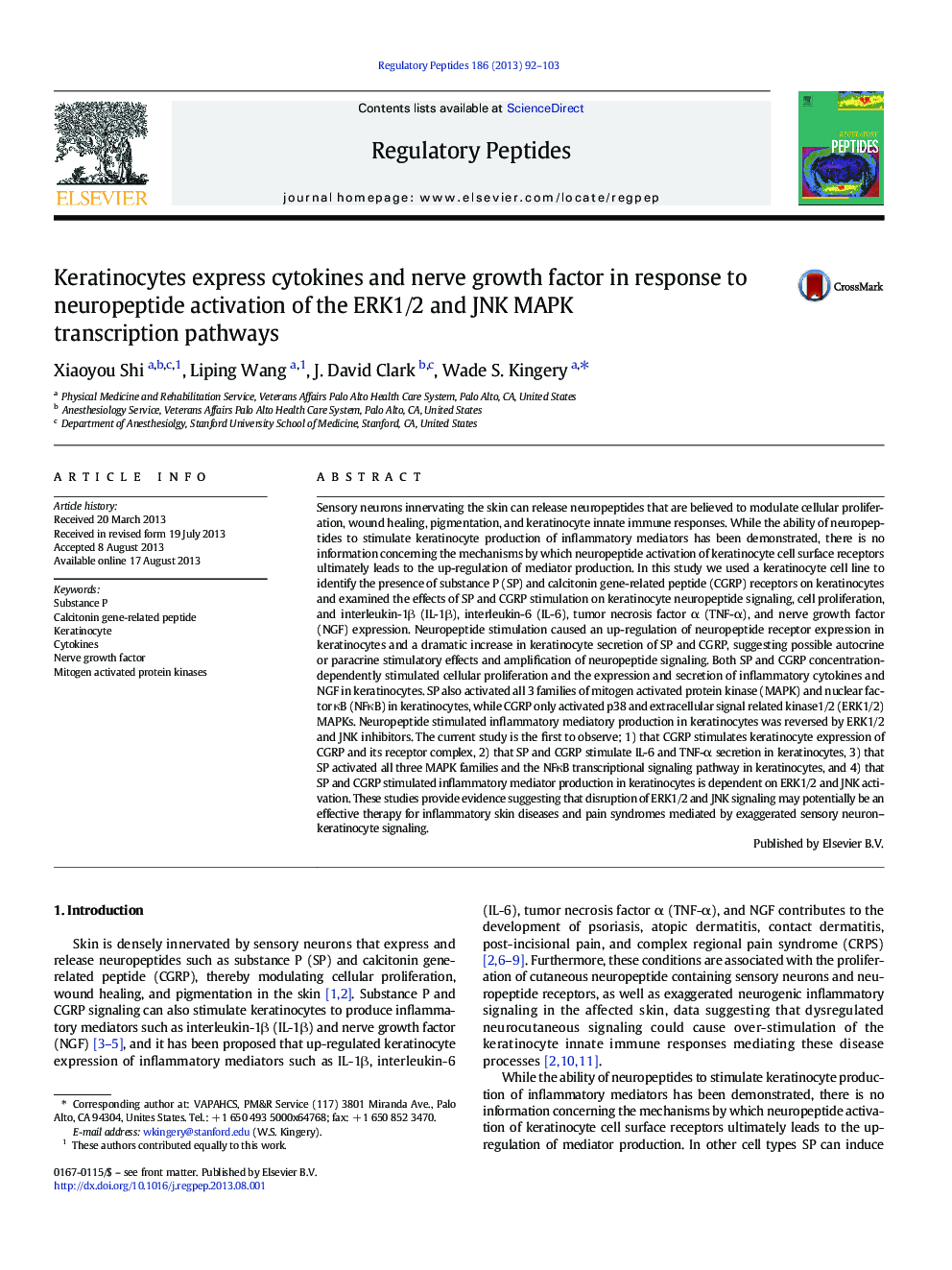 Keratinocytes express cytokines and nerve growth factor in response to neuropeptide activation of the ERK1/2 and JNK MAPK transcription pathways