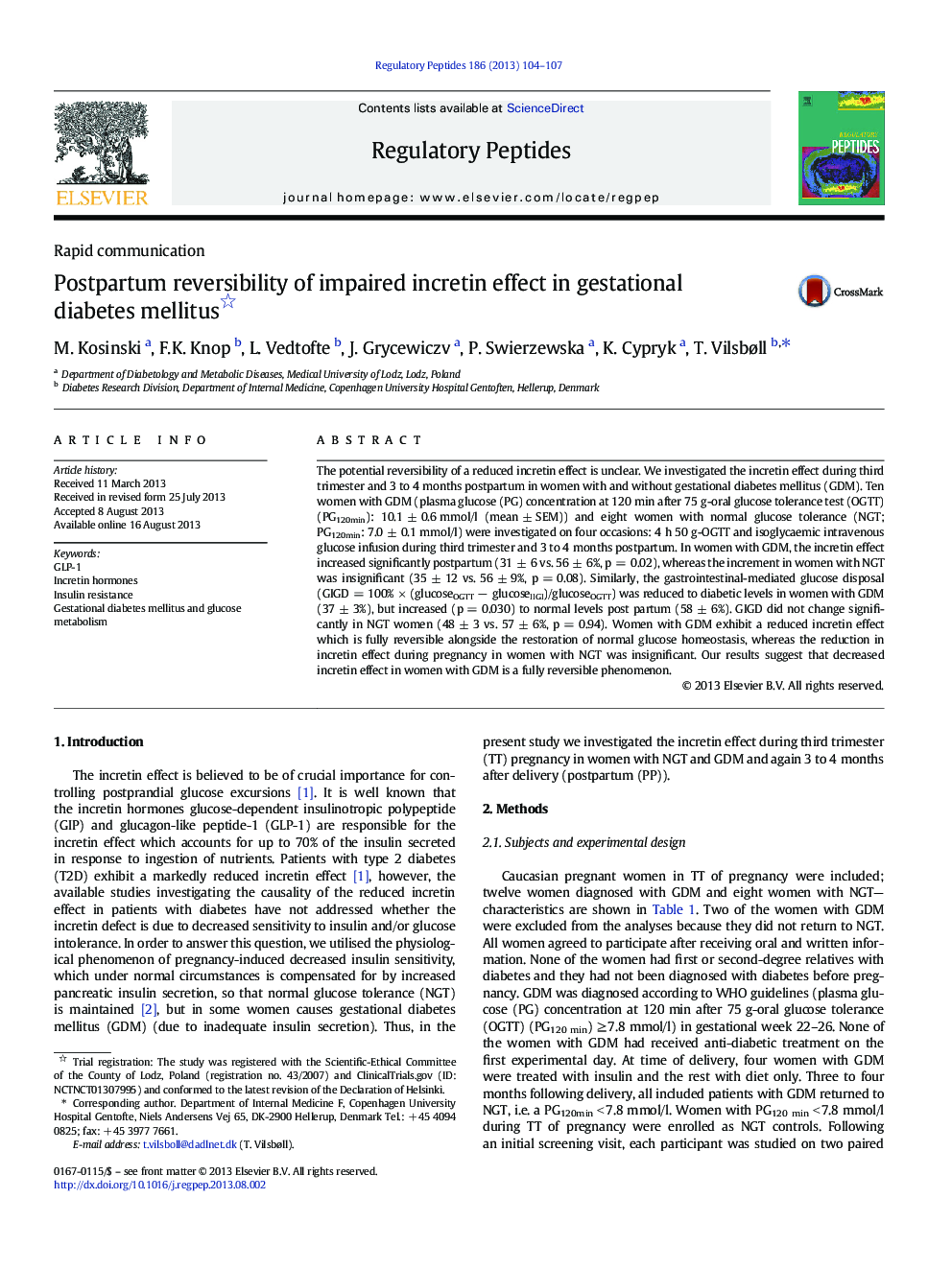 Postpartum reversibility of impaired incretin effect in gestational diabetes mellitus