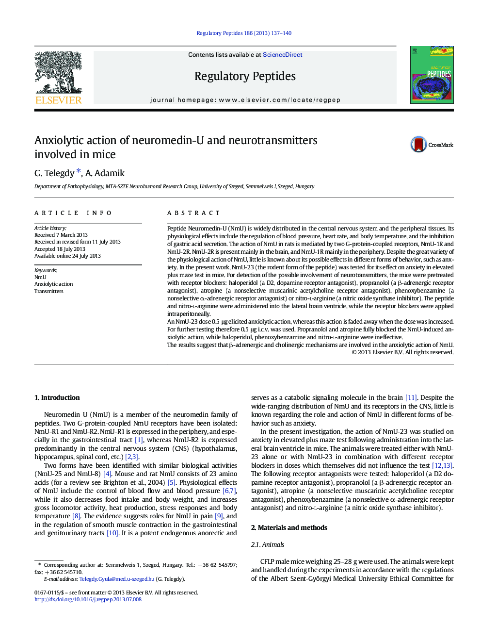 Anxiolytic action of neuromedin-U and neurotransmitters involved in mice