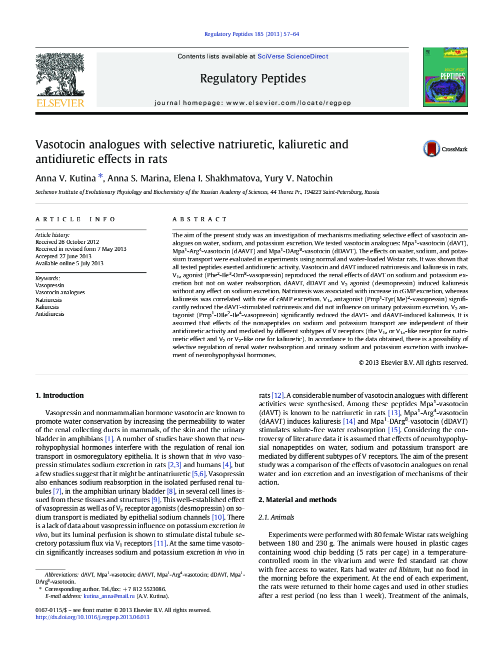 Vasotocin analogues with selective natriuretic, kaliuretic and antidiuretic effects in rats