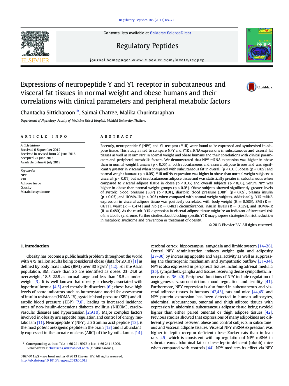 Expressions of neuropeptide Y and Y1 receptor in subcutaneous and visceral fat tissues in normal weight and obese humans and their correlations with clinical parameters and peripheral metabolic factors