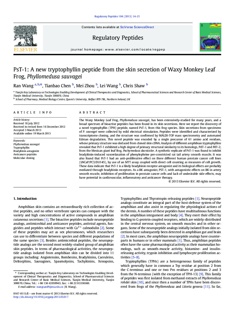 PsT-1: A new tryptophyllin peptide from the skin secretion of Waxy Monkey Leaf Frog, Phyllomedusa sauvagei