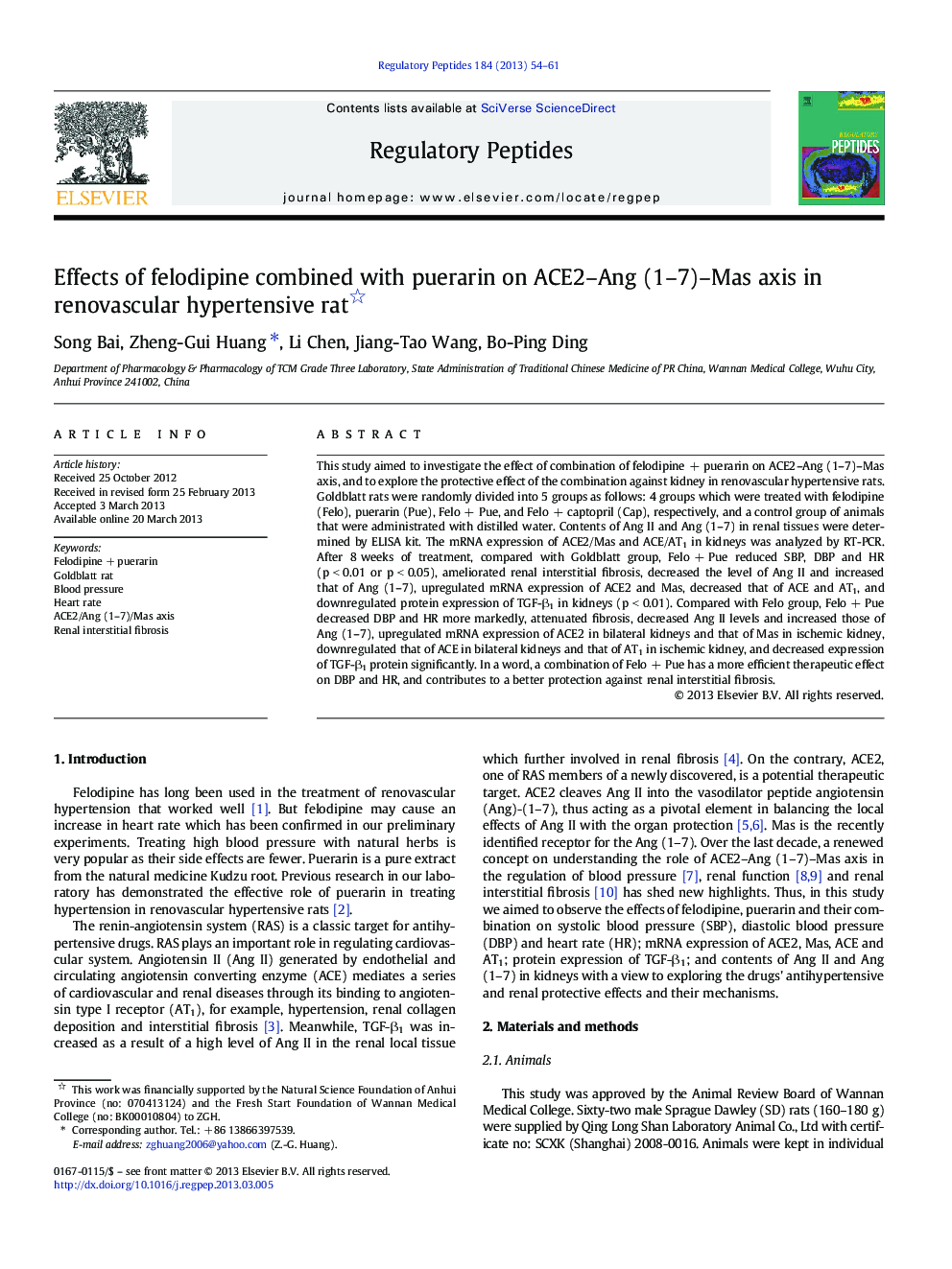 Effects of felodipine combined with puerarin on ACE2-Ang (1-7)-Mas axis in renovascular hypertensive rat