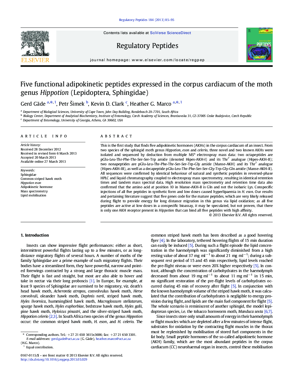 Five functional adipokinetic peptides expressed in the corpus cardiacum of the moth genus Hippotion (Lepidoptera, Sphingidae)