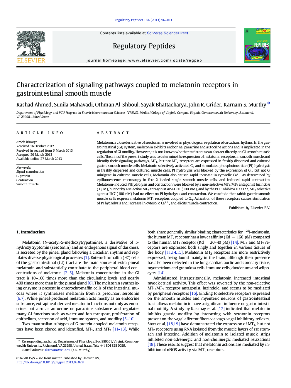 Characterization of signaling pathways coupled to melatonin receptors in gastrointestinal smooth muscle