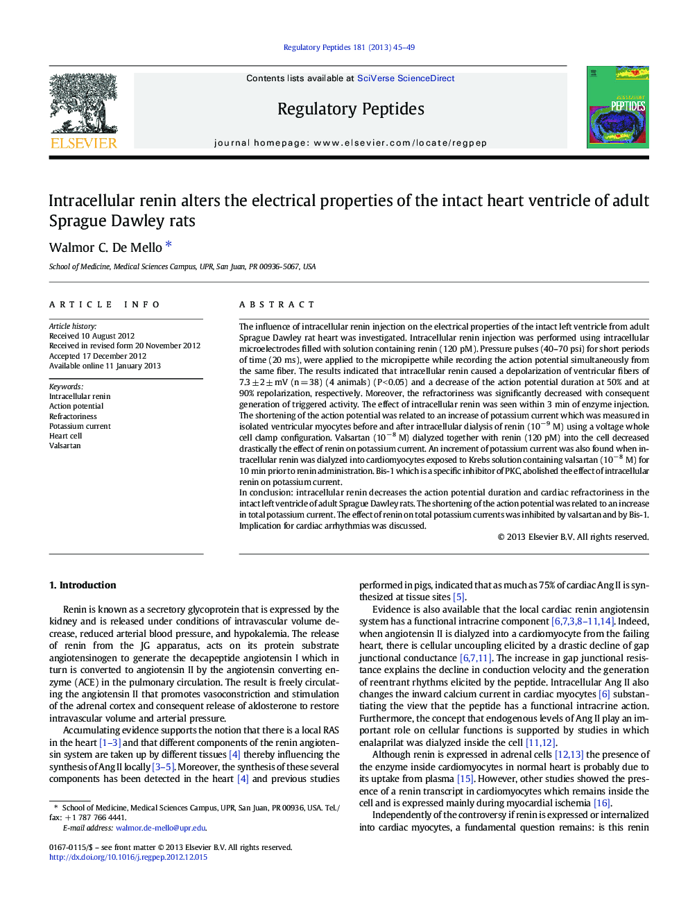 Intracellular renin alters the electrical properties of the intact heart ventricle of adult Sprague Dawley rats