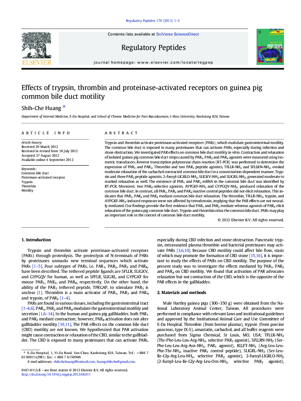 Effects of trypsin, thrombin and proteinase-activated receptors on guinea pig common bile duct motility