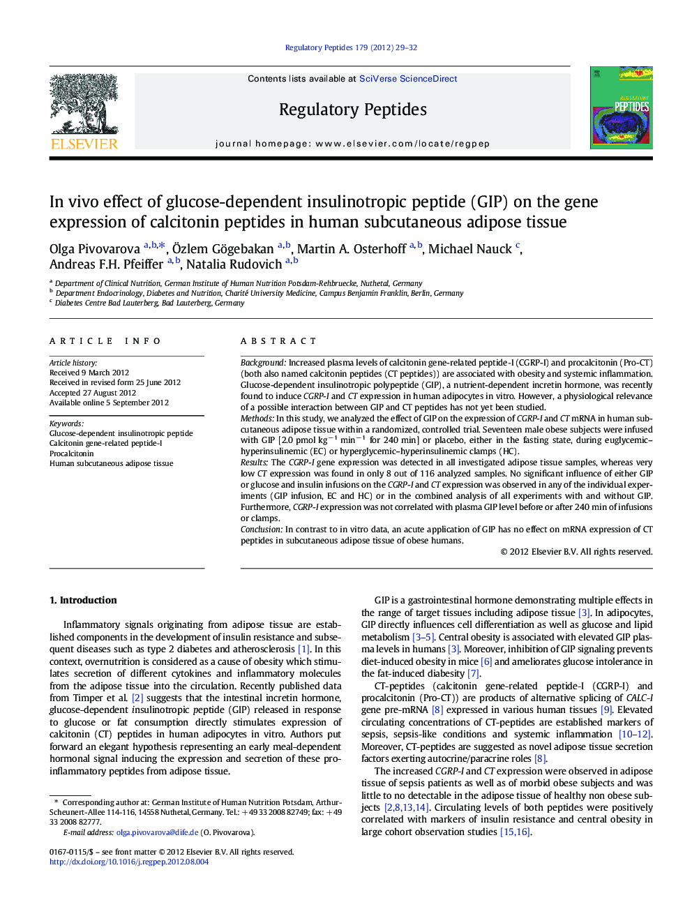 In vivo effect of glucose-dependent insulinotropic peptide (GIP) on the gene expression of calcitonin peptides in human subcutaneous adipose tissue