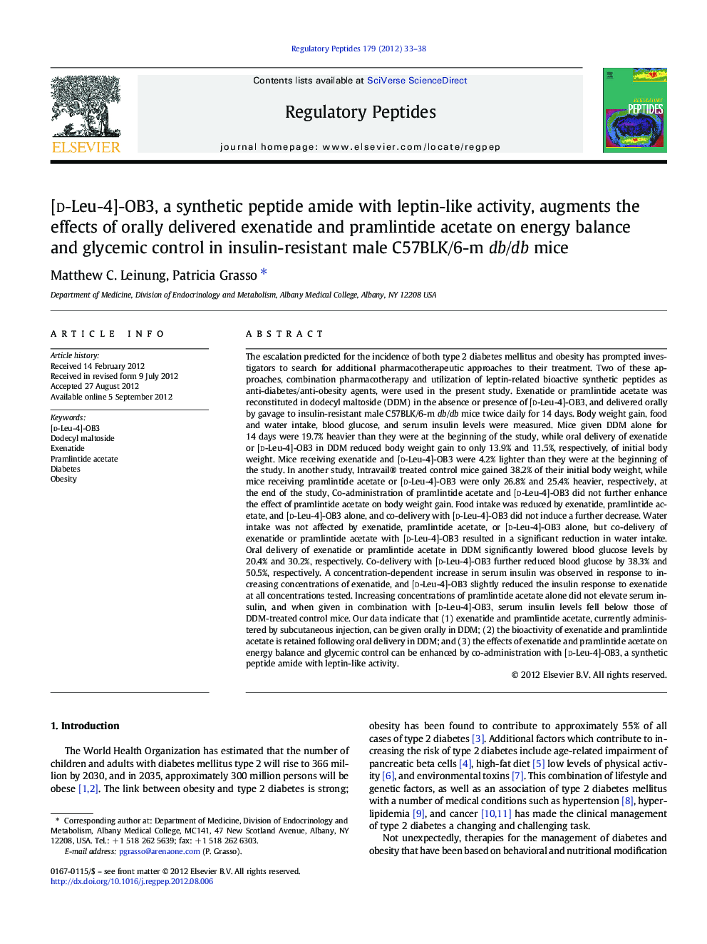 [d-Leu-4]-OB3, a synthetic peptide amide with leptin-like activity, augments the effects of orally delivered exenatide and pramlintide acetate on energy balance and glycemic control in insulin-resistant male C57BLK/6-m db/db mice