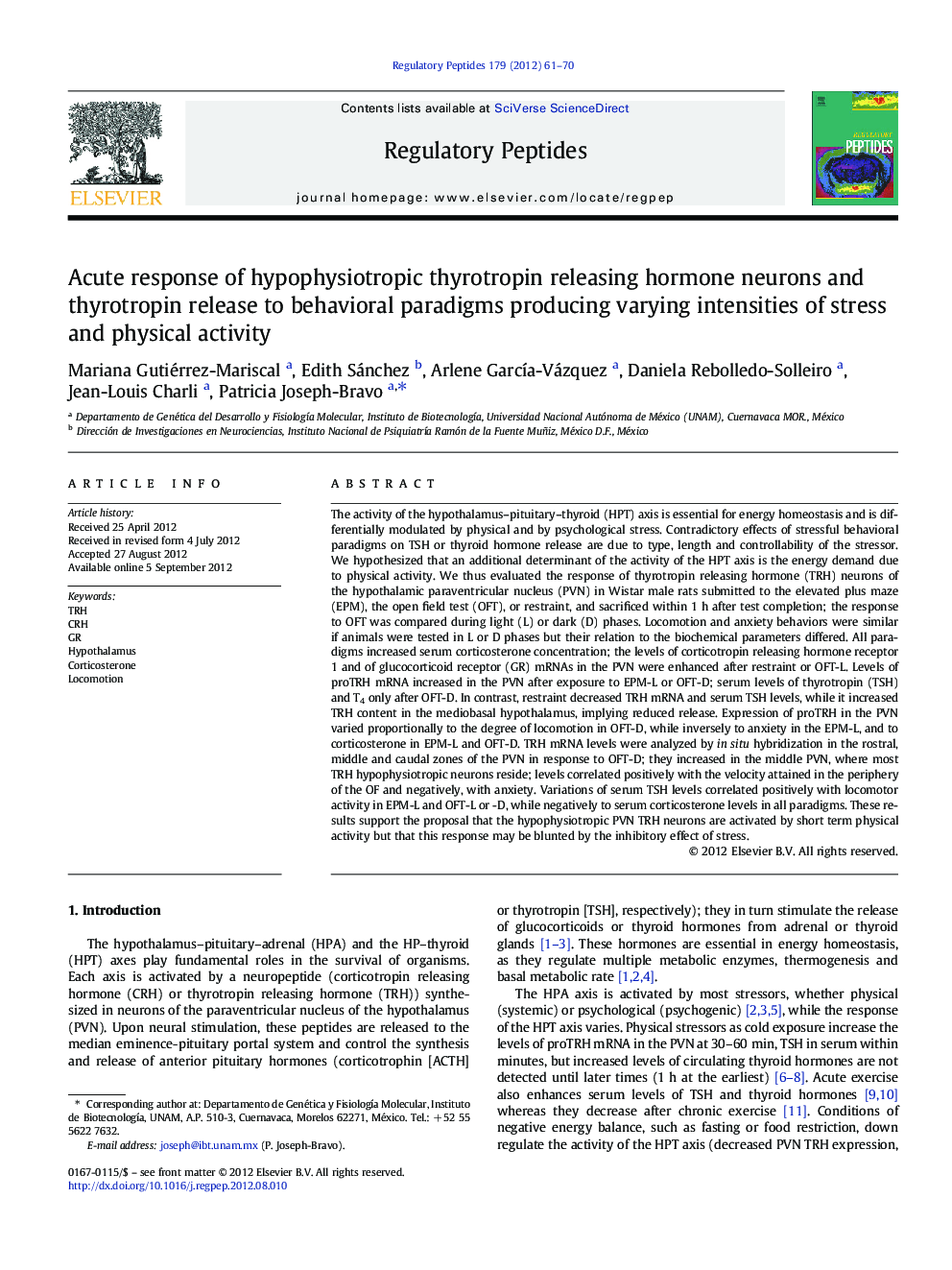 Acute response of hypophysiotropic thyrotropin releasing hormone neurons and thyrotropin release to behavioral paradigms producing varying intensities of stress and physical activity