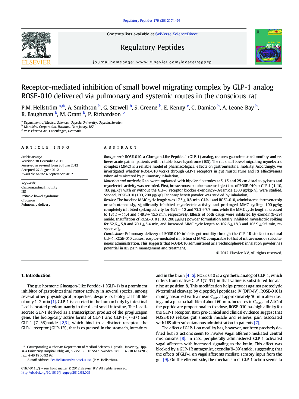 Receptor-mediated inhibition of small bowel migrating complex by GLP-1 analog ROSE-010 delivered via pulmonary and systemic routes in the conscious rat