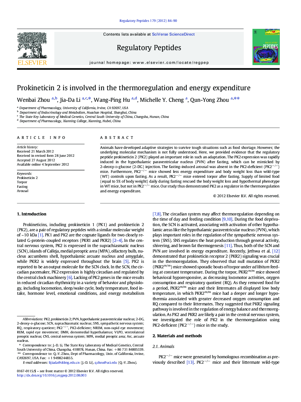 Prokineticin 2 is involved in the thermoregulation and energy expenditure