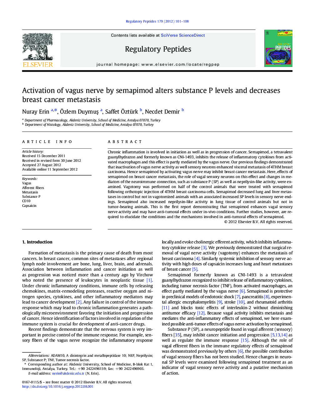 Activation of vagus nerve by semapimod alters substance P levels and decreases breast cancer metastasis