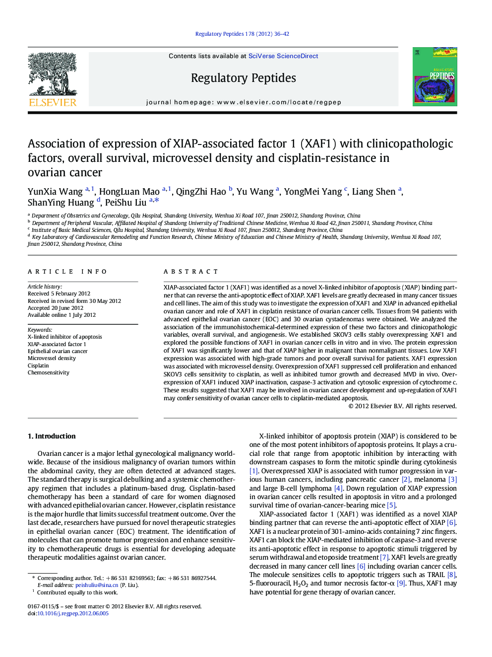 Association of expression of XIAP-associated factor 1 (XAF1) with clinicopathologic factors, overall survival, microvessel density and cisplatin-resistance in ovarian cancer