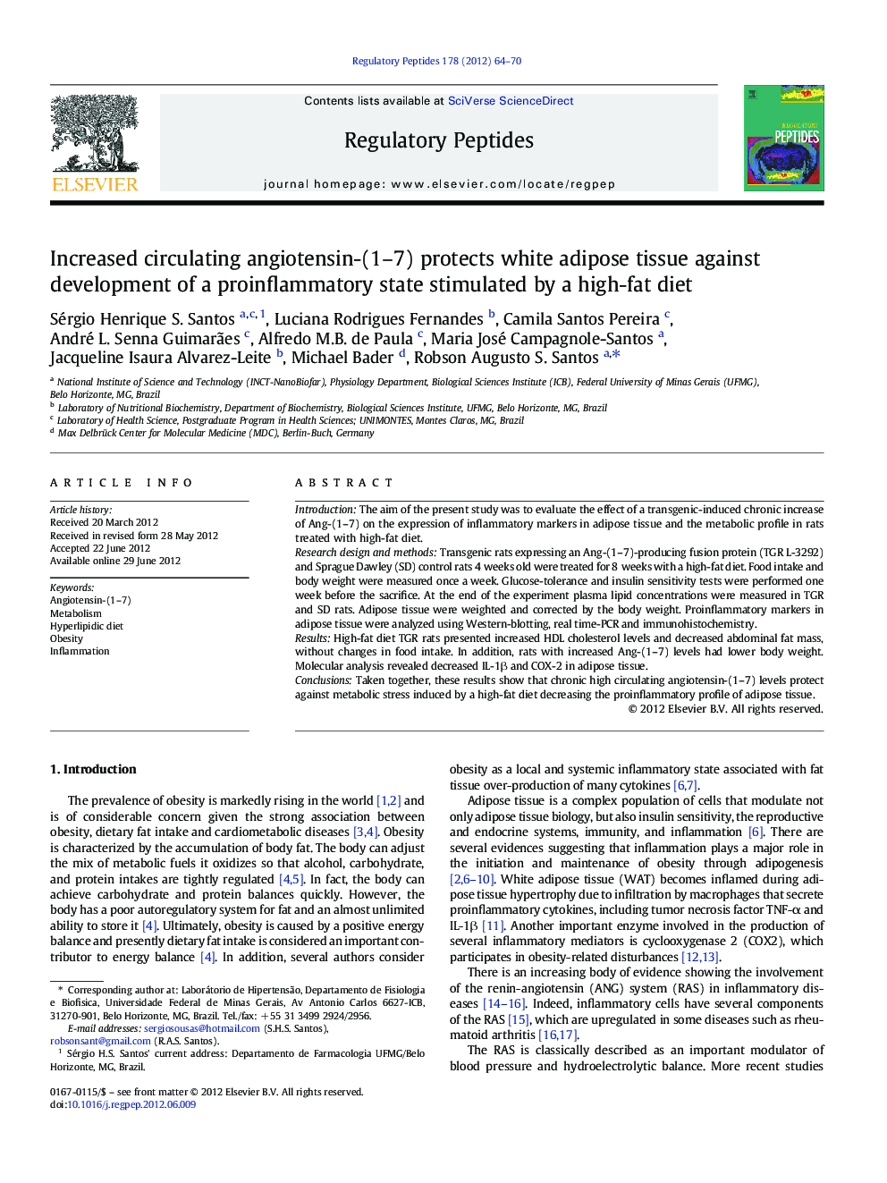 Increased circulating angiotensin-(1-7) protects white adipose tissue against development of a proinflammatory state stimulated by a high-fat diet