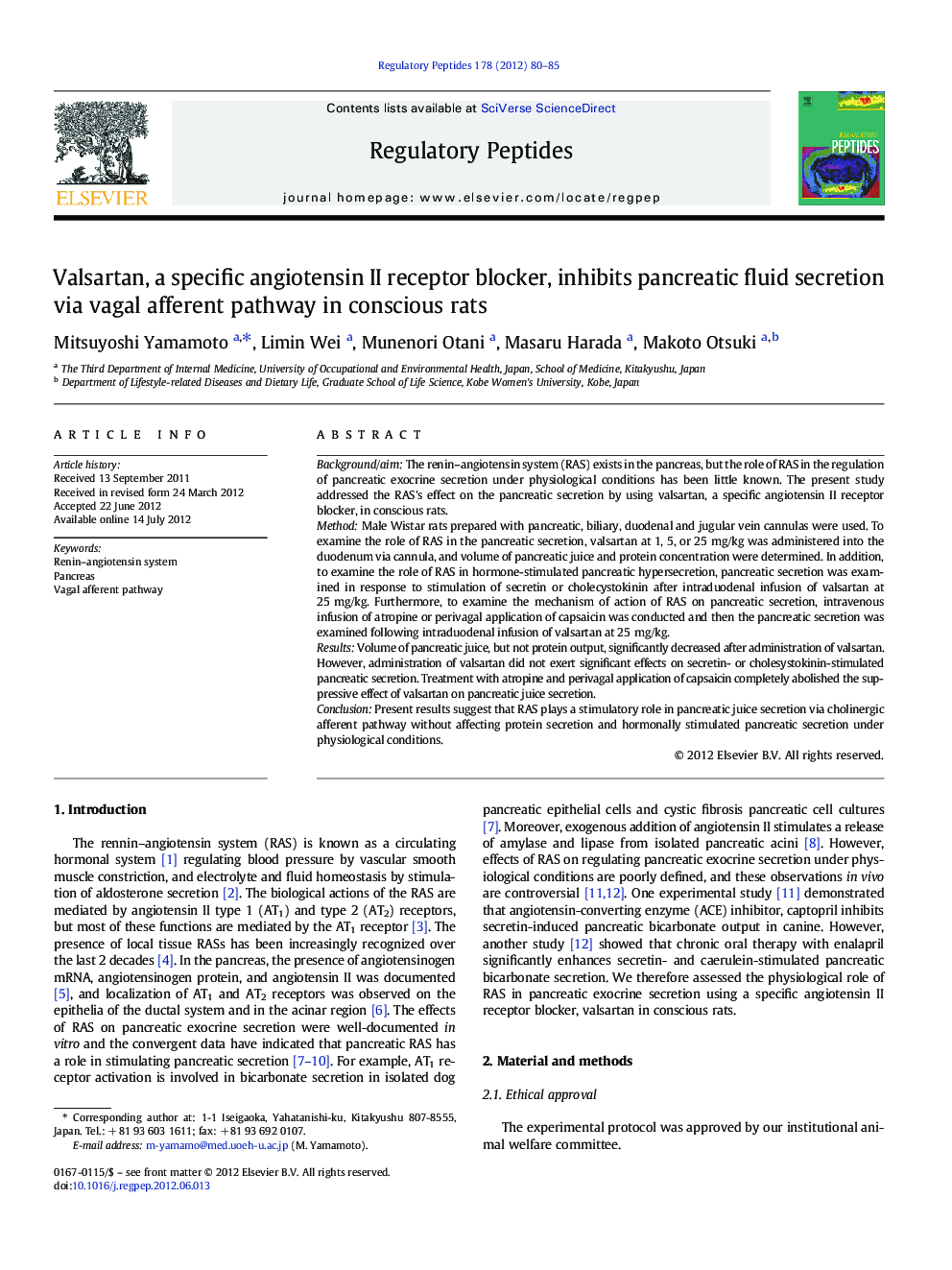 Valsartan, a specific angiotensin II receptor blocker, inhibits pancreatic fluid secretion via vagal afferent pathway in conscious rats