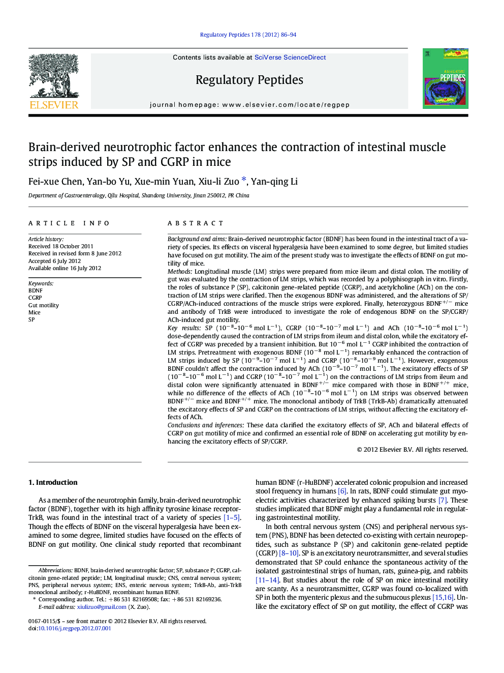 Brain-derived neurotrophic factor enhances the contraction of intestinal muscle strips induced by SP and CGRP in mice