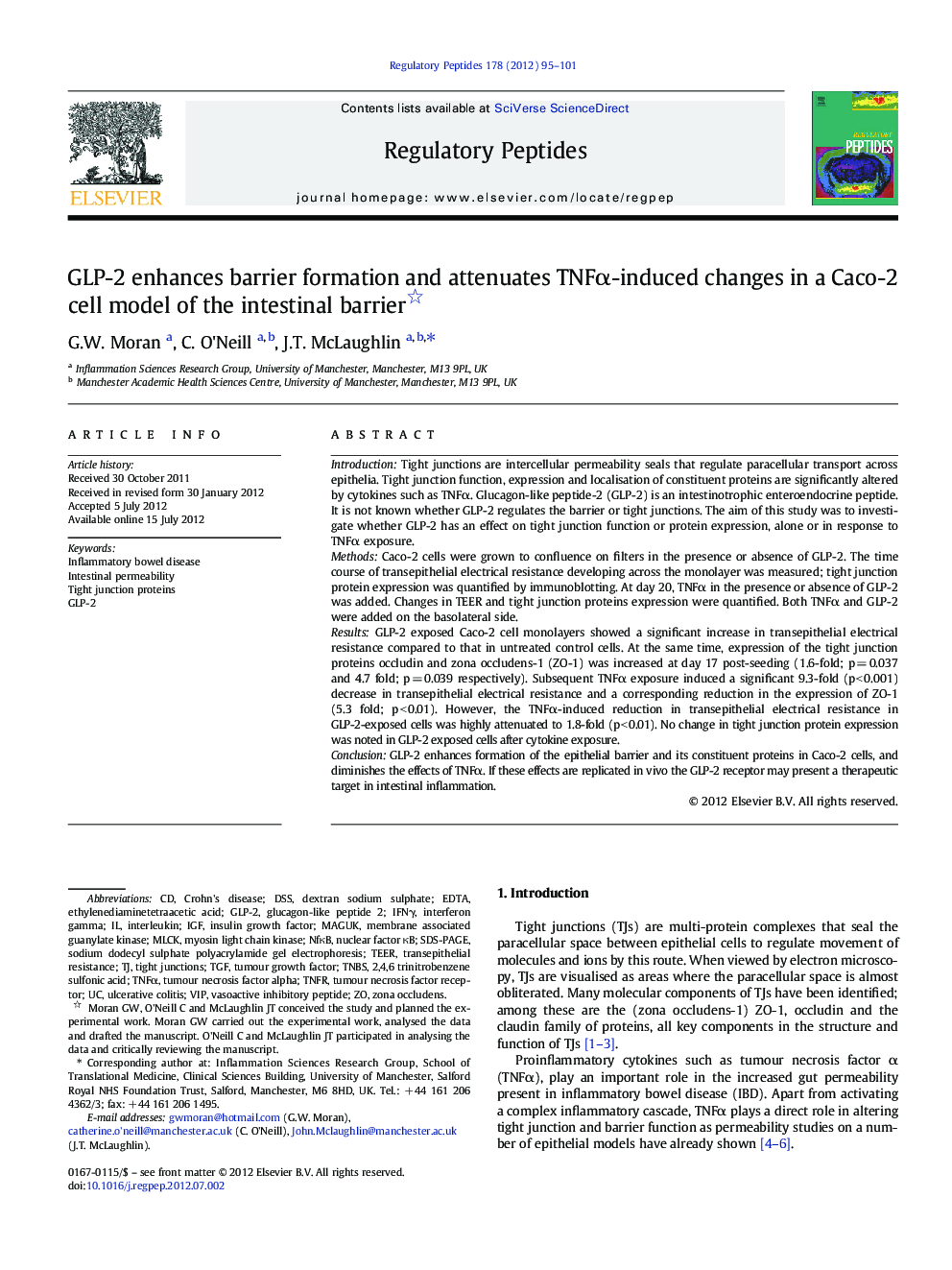 GLP-2 enhances barrier formation and attenuates TNFÎ±-induced changes in a Caco-2 cell model of the intestinal barrier