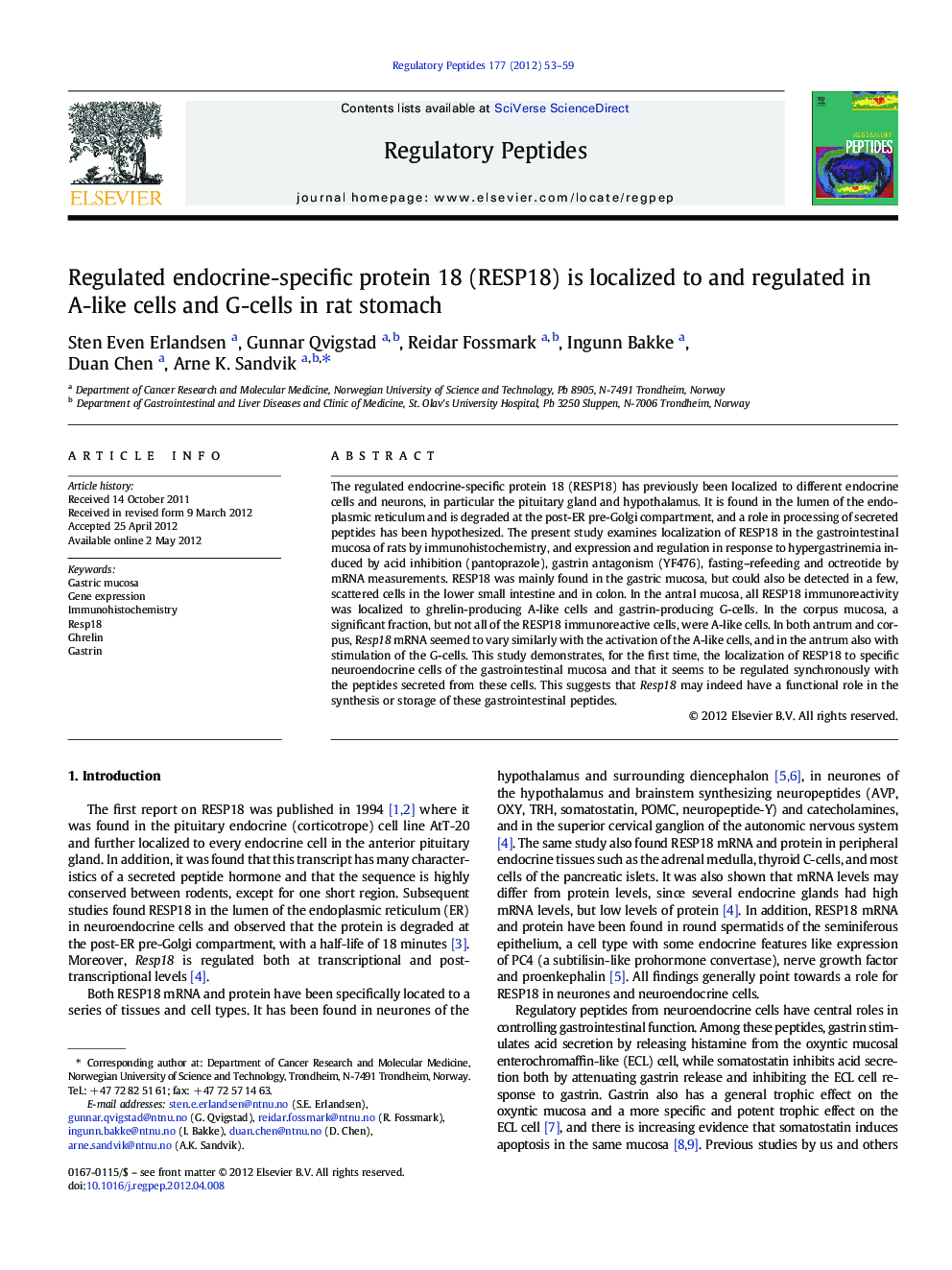 Regulated endocrine-specific protein 18 (RESP18) is localized to and regulated in A-like cells and G-cells in rat stomach