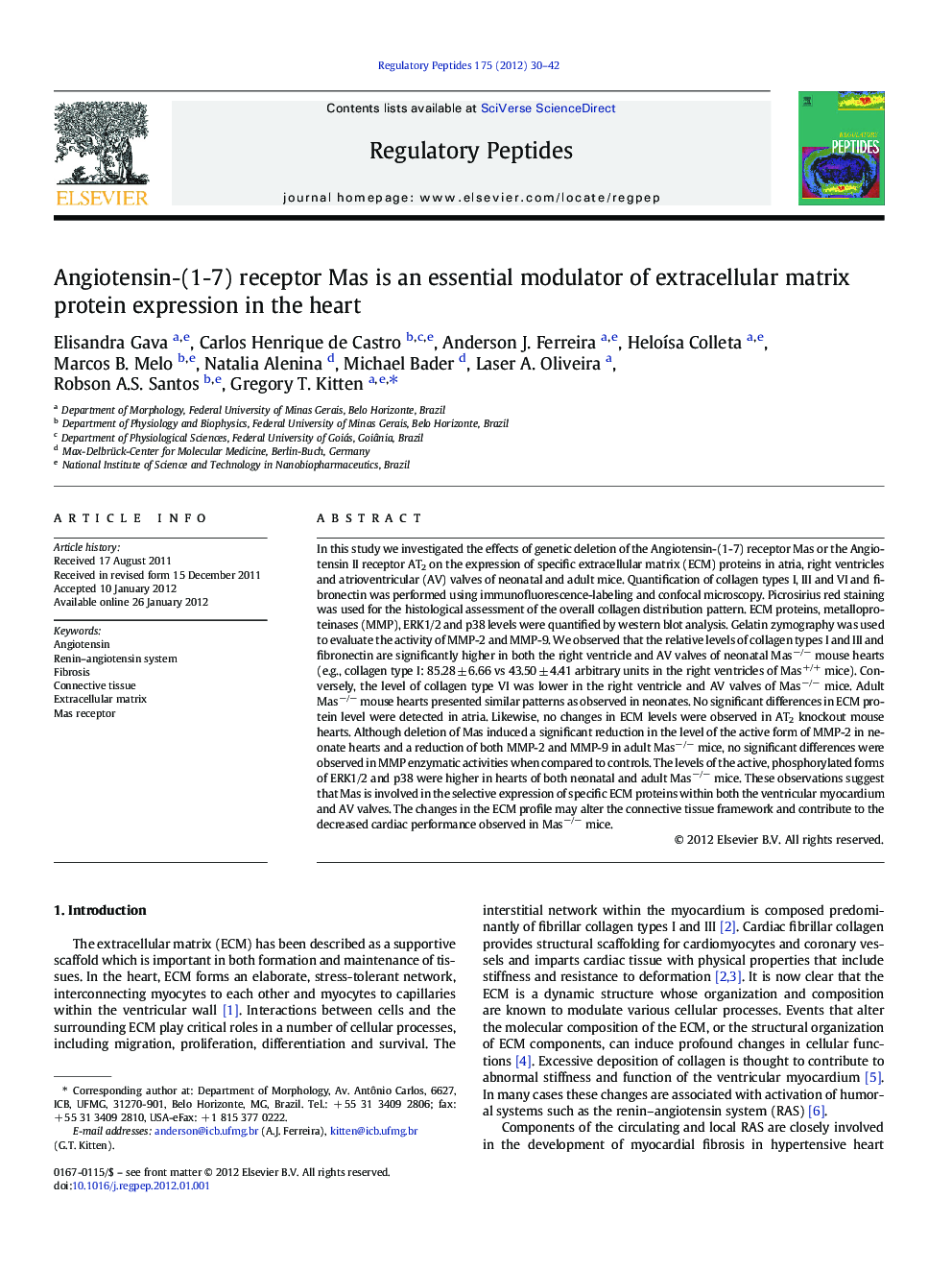 Angiotensin-(1-7) receptor Mas is an essential modulator of extracellular matrix protein expression in the heart