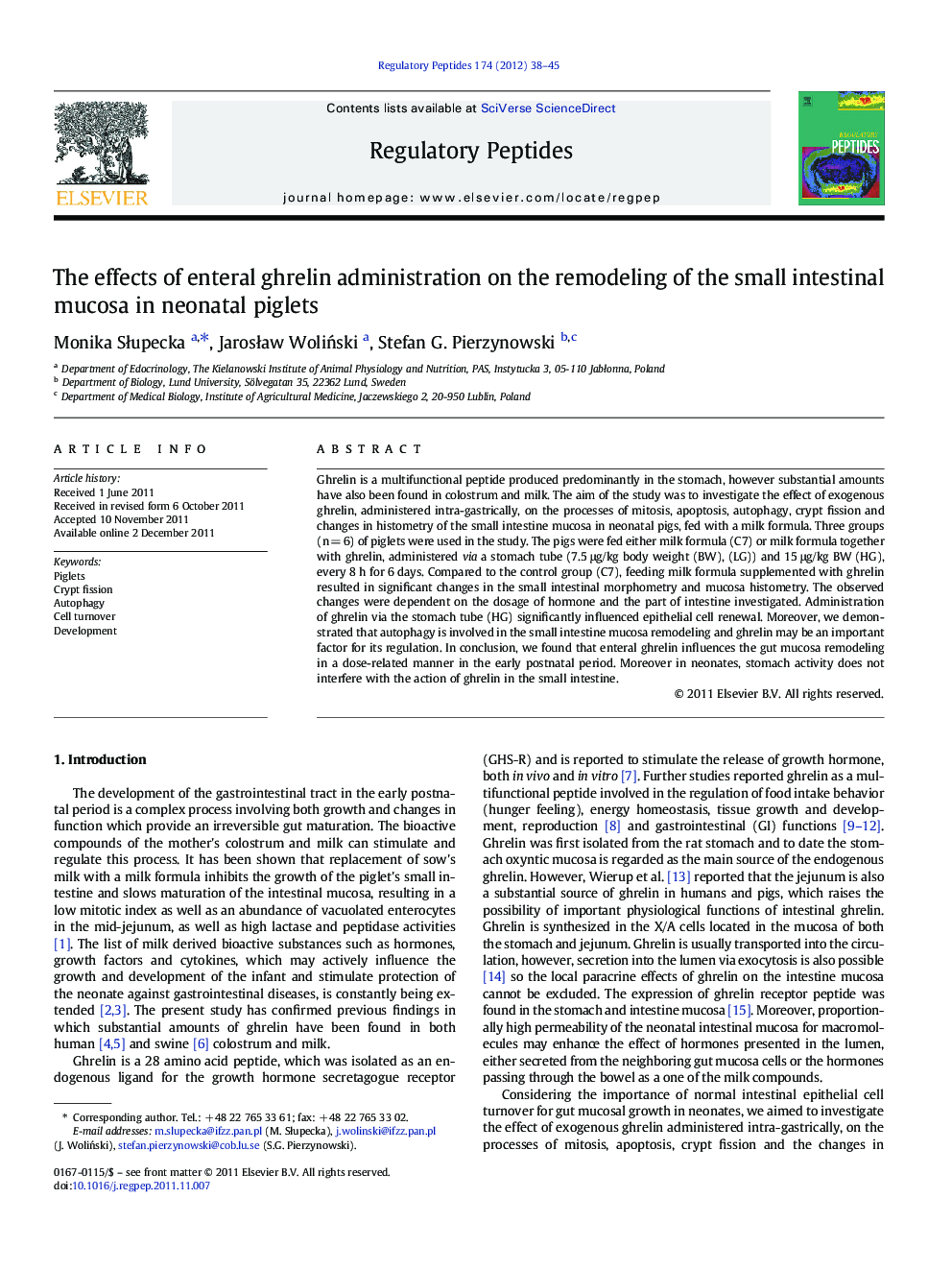 The effects of enteral ghrelin administration on the remodeling of the small intestinal mucosa in neonatal piglets