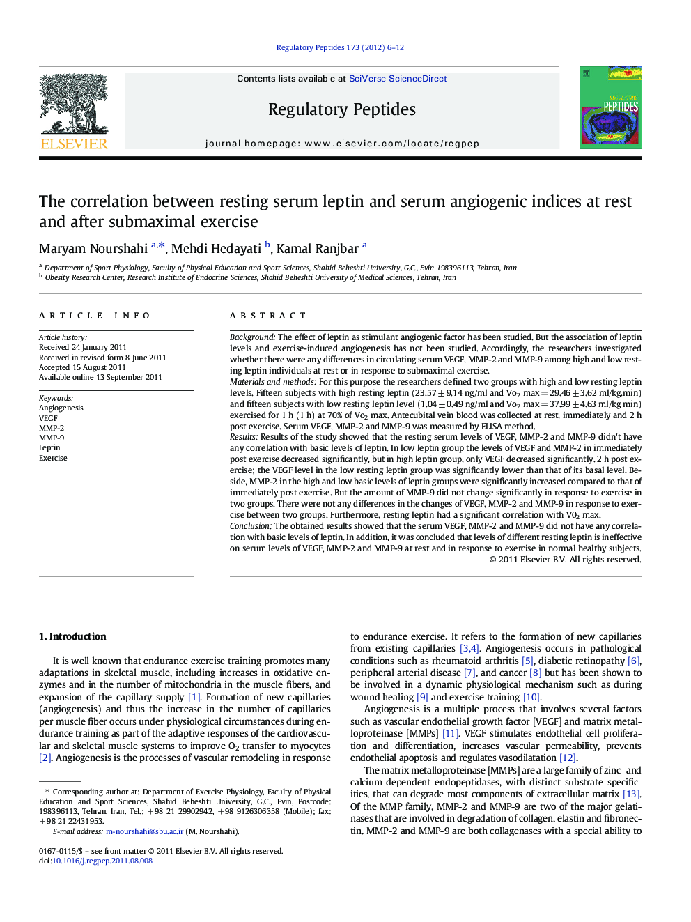 The correlation between resting serum leptin and serum angiogenic indices at rest and after submaximal exercise