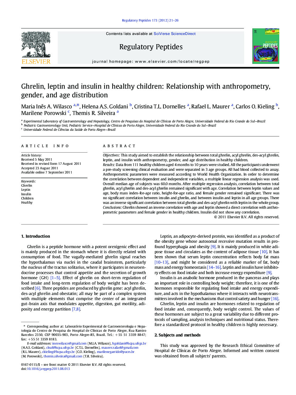 Ghrelin, leptin and insulin in healthy children: Relationship with anthropometry, gender, and age distribution