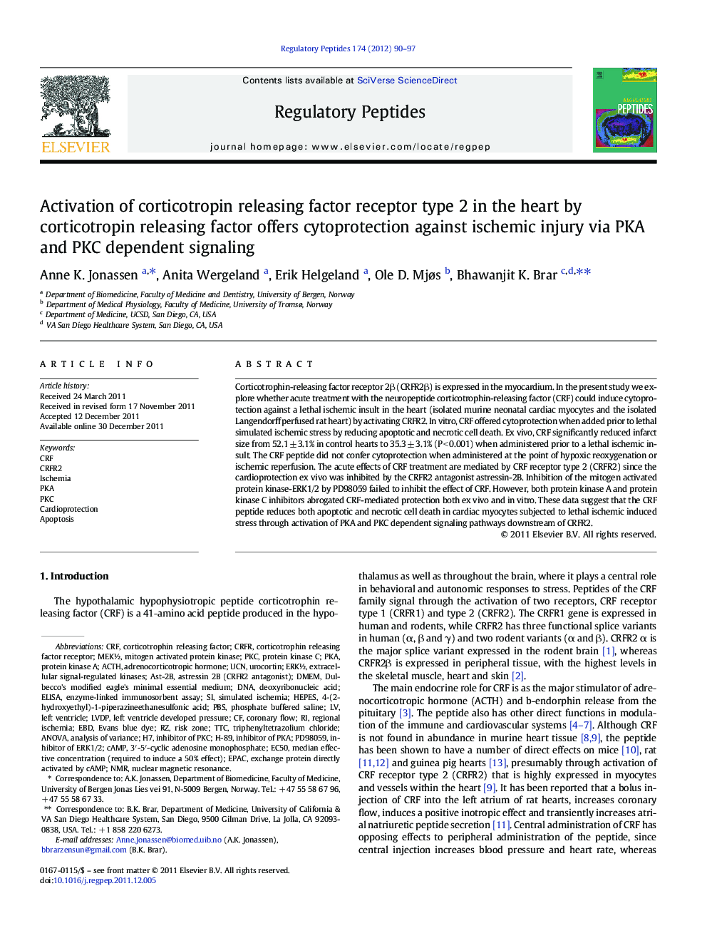 Activation of corticotropin releasing factor receptor type 2 in the heart by corticotropin releasing factor offers cytoprotection against ischemic injury via PKA and PKC dependent signaling