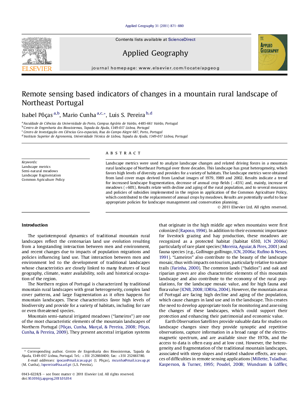 Remote sensing based indicators of changes in a mountain rural landscape of Northeast Portugal