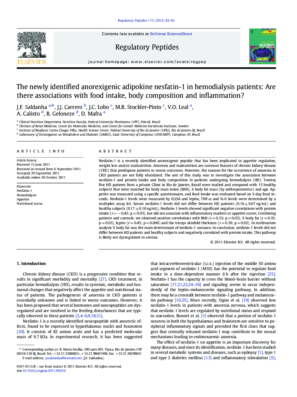 The newly identified anorexigenic adipokine nesfatin-1 in hemodialysis patients: Are there associations with food intake, body composition and inflammation?