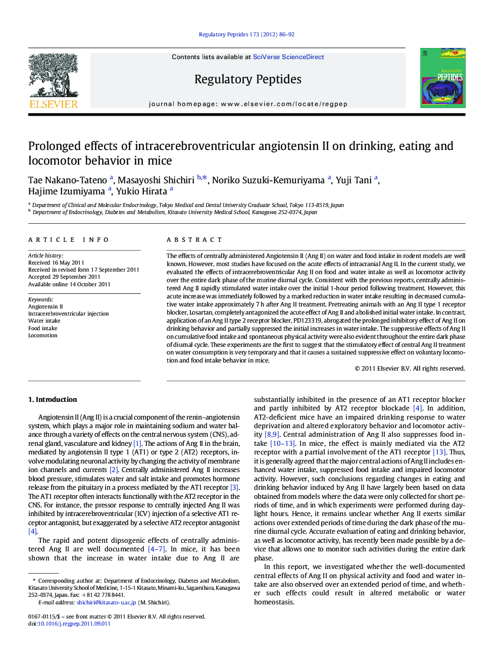 Prolonged effects of intracerebroventricular angiotensin II on drinking, eating and locomotor behavior in mice