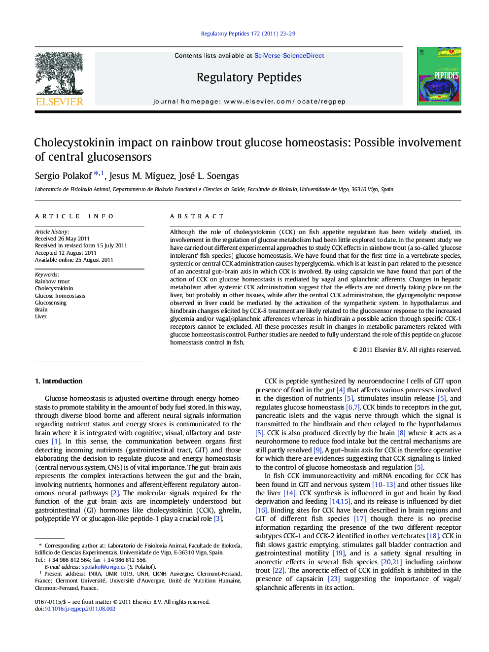 Cholecystokinin impact on rainbow trout glucose homeostasis: Possible involvement of central glucosensors