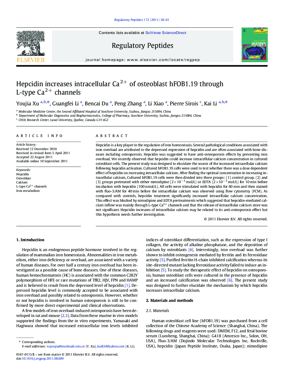 Hepcidin increases intracellular Ca2+ of osteoblast hFOB1.19 through L-type Ca2+ channels