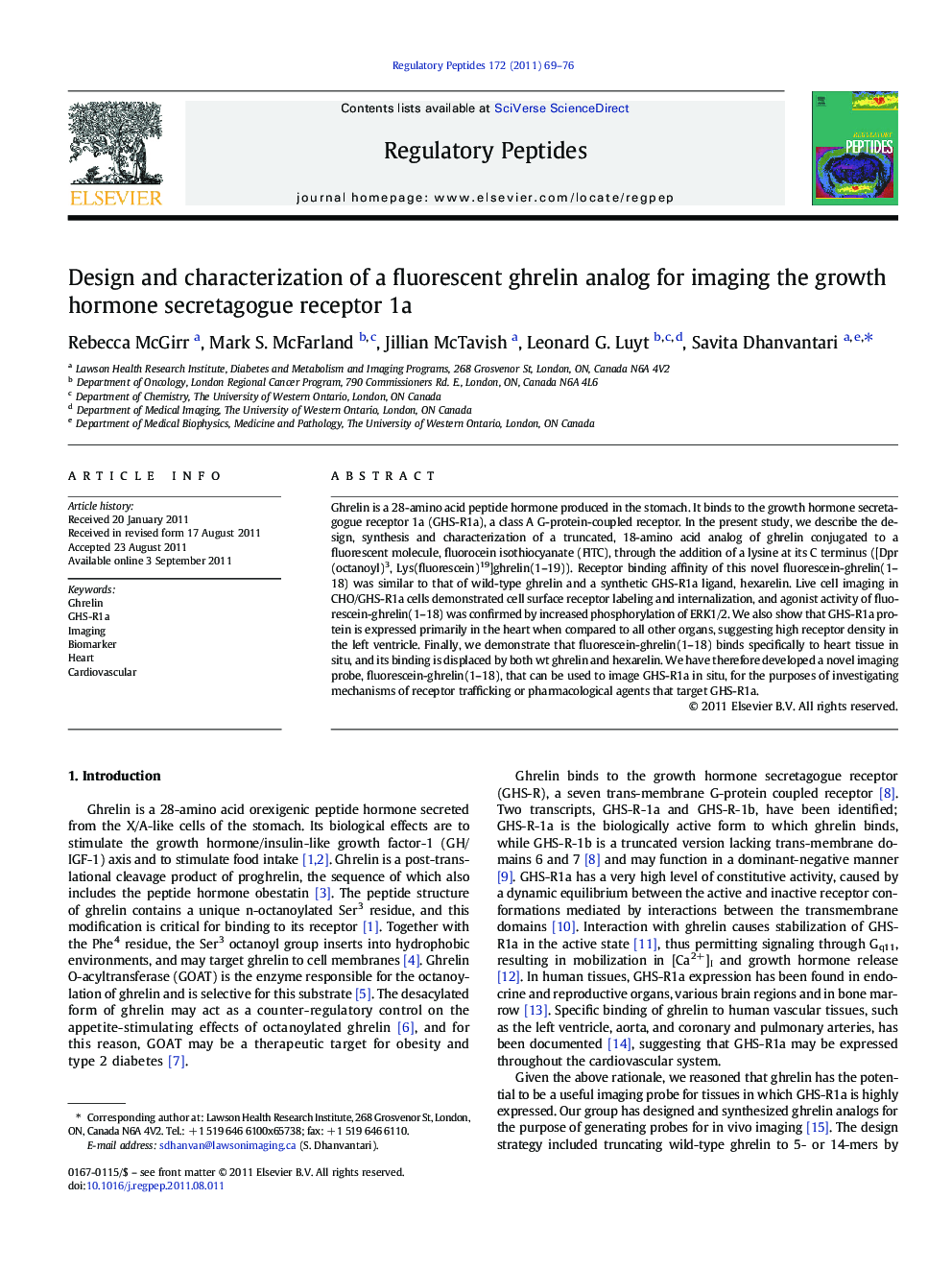 Design and characterization of a fluorescent ghrelin analog for imaging the growth hormone secretagogue receptor 1a