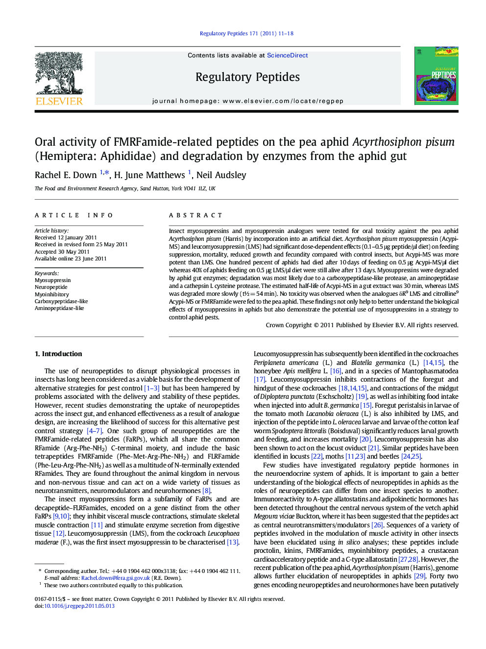 Oral activity of FMRFamide-related peptides on the pea aphid Acyrthosiphon pisum (Hemiptera: Aphididae) and degradation by enzymes from the aphid gut