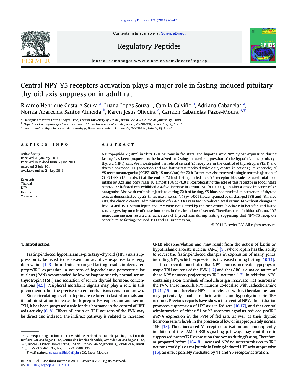 Central NPY-Y5 receptors activation plays a major role in fasting-induced pituitary-thyroid axis suppression in adult rat