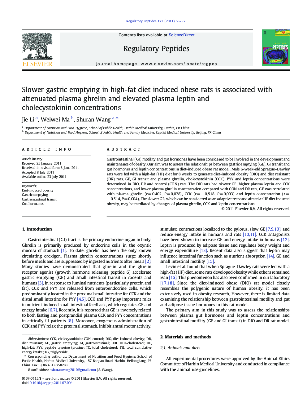 Slower gastric emptying in high-fat diet induced obese rats is associated with attenuated plasma ghrelin and elevated plasma leptin and cholecystokinin concentrations