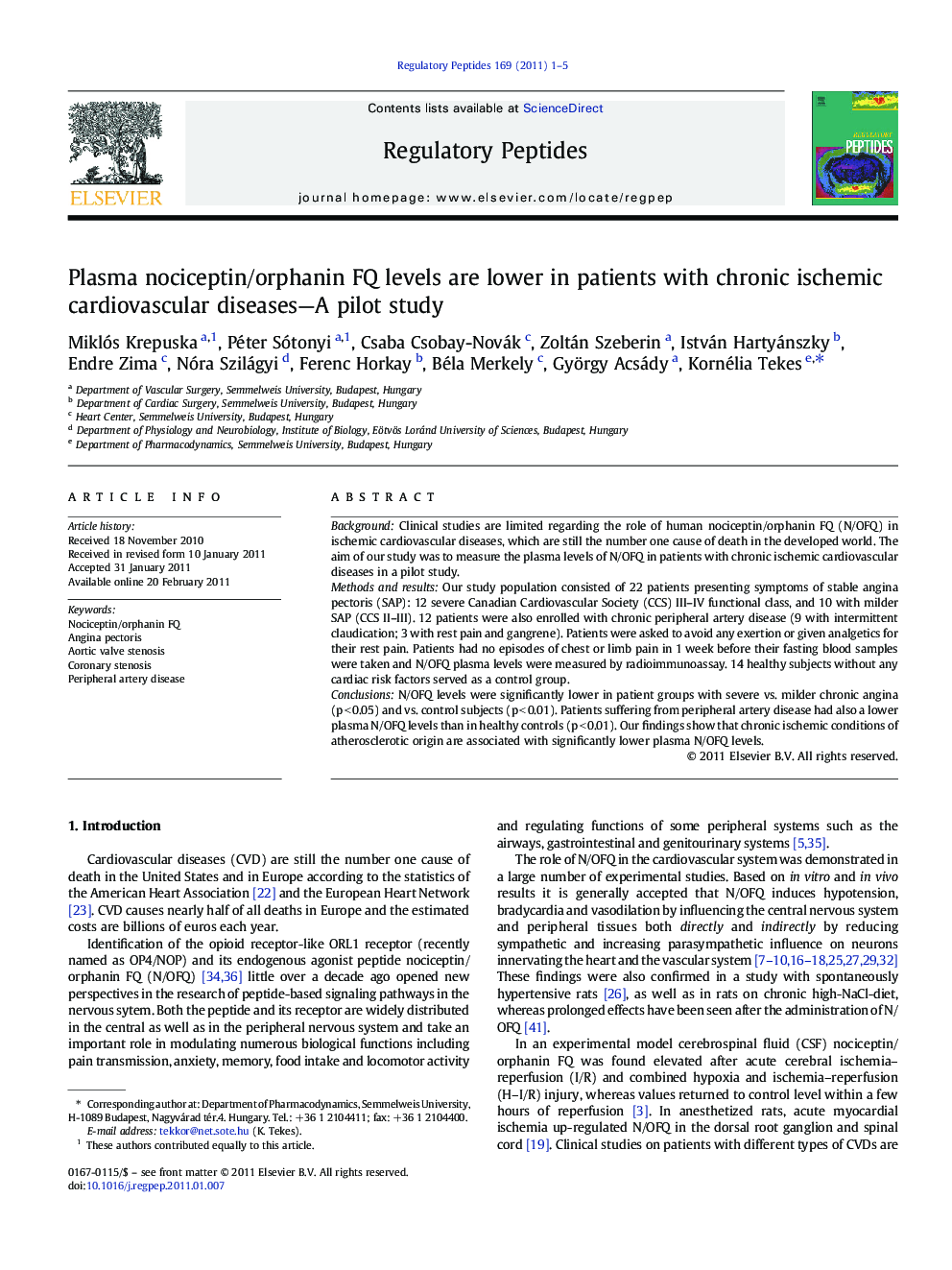 Plasma nociceptin/orphanin FQ levels are lower in patients with chronic ischemic cardiovascular diseases-A pilot study