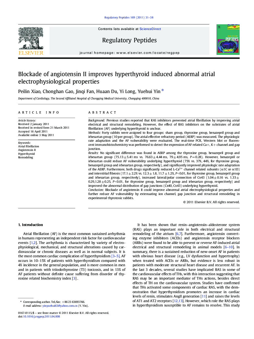 Blockade of angiotensin II improves hyperthyroid induced abnormal atrial electrophysiological properties