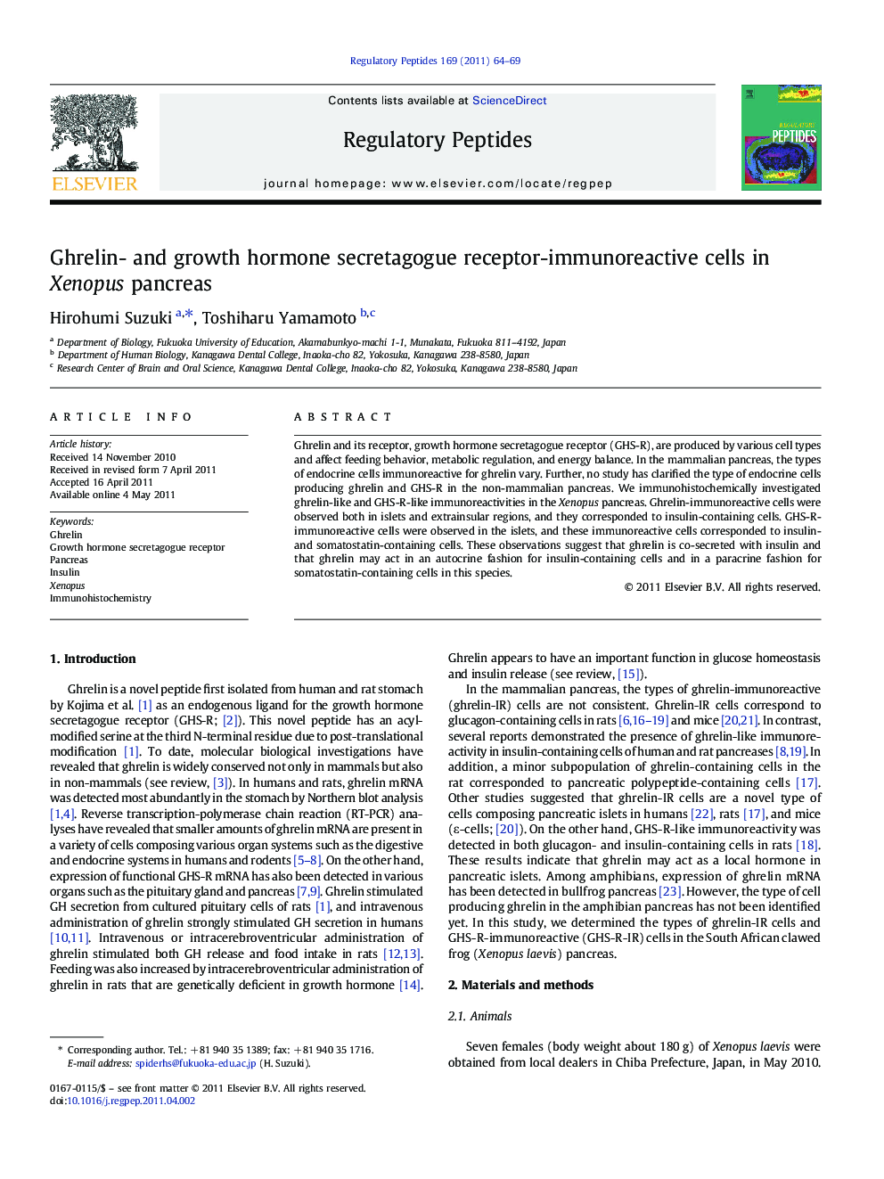 Ghrelin- and growth hormone secretagogue receptor-immunoreactive cells in Xenopus pancreas