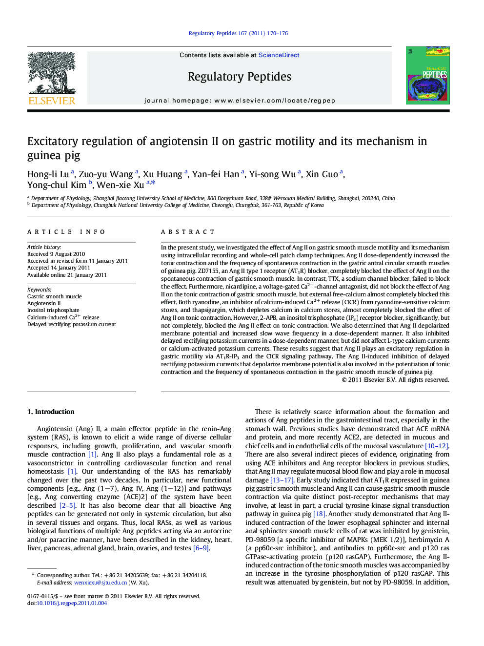 Excitatory regulation of angiotensin II on gastric motility and its mechanism in guinea pig